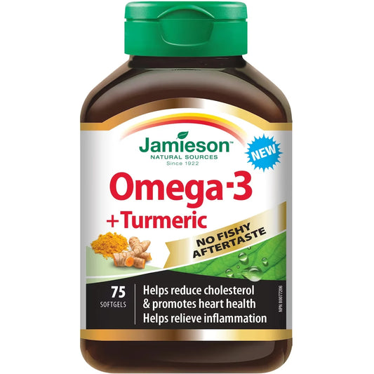 Jamieson No Fishy Aftertaste Omega-3 + Turmeric front package