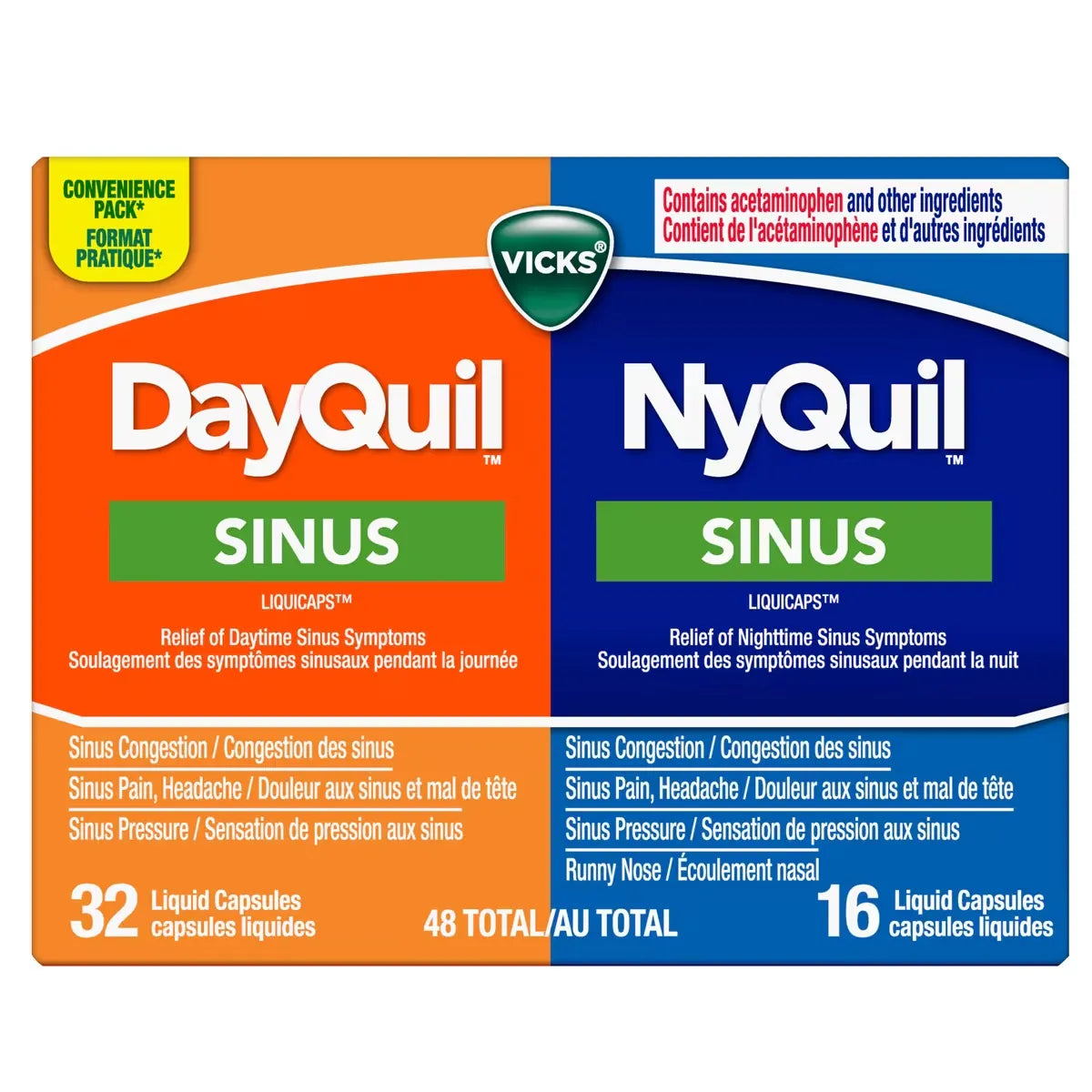 Vicks DayQuil Sinus Liquid Capsules + NyQuil Sinus Liquid Capsules, Total 48 Count front package