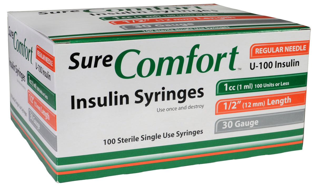 Allison Medical Sure Comfort Insulin Syringe, 30g, 1/2in (12mm), 1cc 22-6210 — Box of 100 — product image