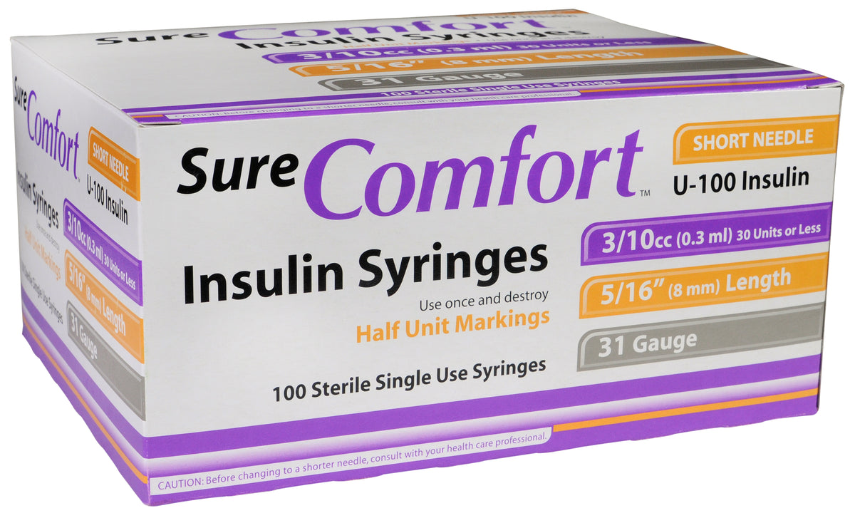 Allison Medical Sure Comfort Insulin Syringe, 31g, 5/16in (8mm), 3/10cc 22-6503 — Box of 100 — product image