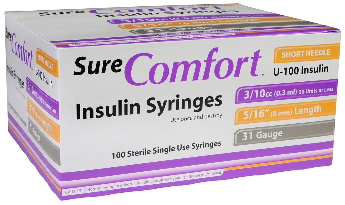 Allison Medical Sure Comfort Insulin Syringe, 31g, 5/16in (8mm), 3/10cc, 1/2 Unit 22-6504 — Box of 100 — product image