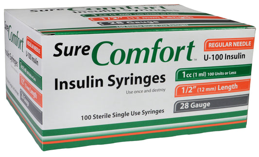 Allison Medical Sure Comfort Insulin Syringe, 28g, 1/2in (12mm), 1cc 22-8010 — Box of 100 — product image