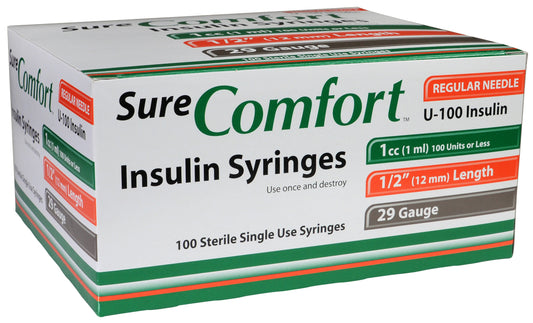 Allison Medical Sure Comfort Insulin Syringe, 29g, 1/2in (12 mm), 1cc - Box of 100