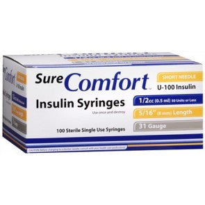 Allison Medical Sure Comfort Insulin Syringe, 30g, 5/16in (8 mm), 1cc (Unit Blister Pack) - Box of 100