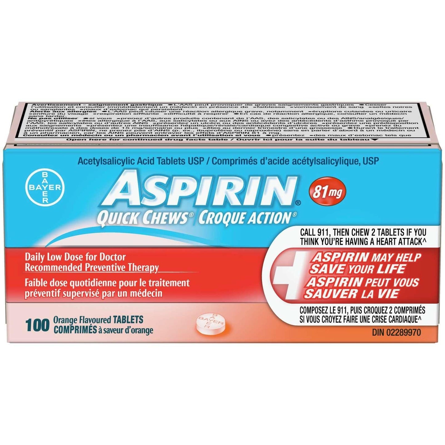 Aspirine 81 mg Comprimé à croquer à saveur d'orange, paquet de 100