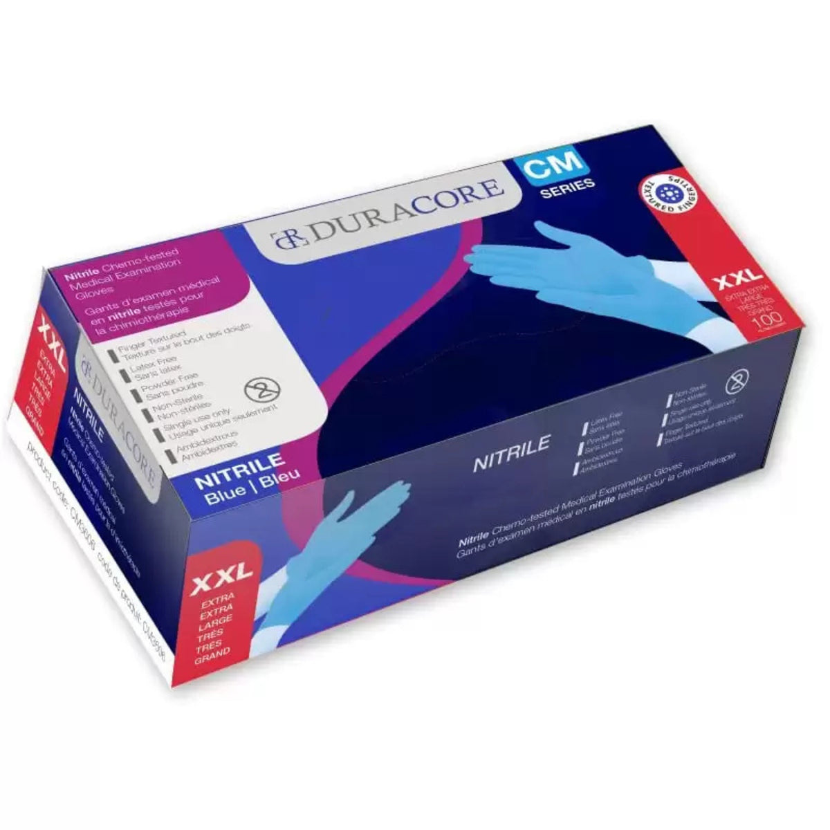 Viedera Duracore Blue Nitrile Exam Glove Chemo-Tested Finger-Texture Powder Free 3.2mil Xxlarge CM3606 — Box of 100 — product image