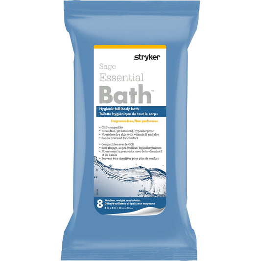 Sage Essential Bath Body Washcloth With Vitamin E & Aloe 8" x 8" Fragrance-Free Rinse-Free Hypo - Pack of 8