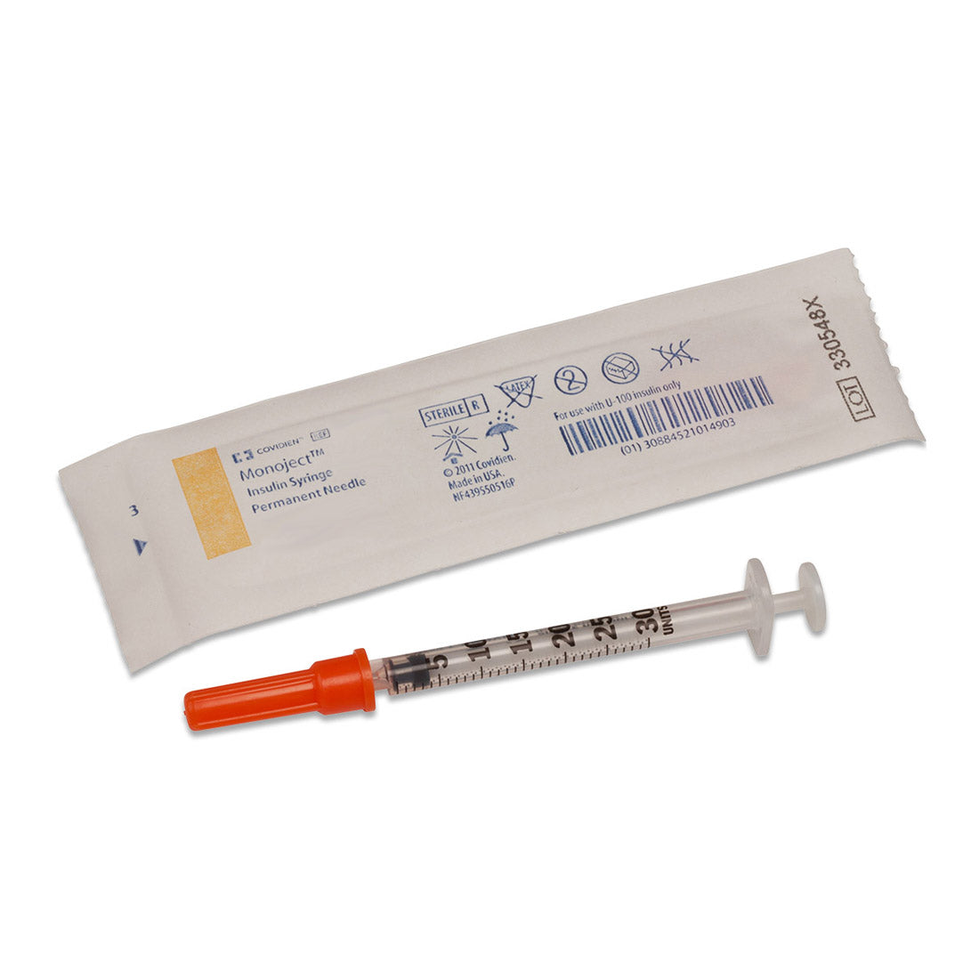 Covidien / Medtronic Monoject Softpack Insulin Needle & Syringe Low Dead Space 28g X 1/2" 0.5 mL Sterile Ltx-Free 8881600004 — Box of 100 — product image