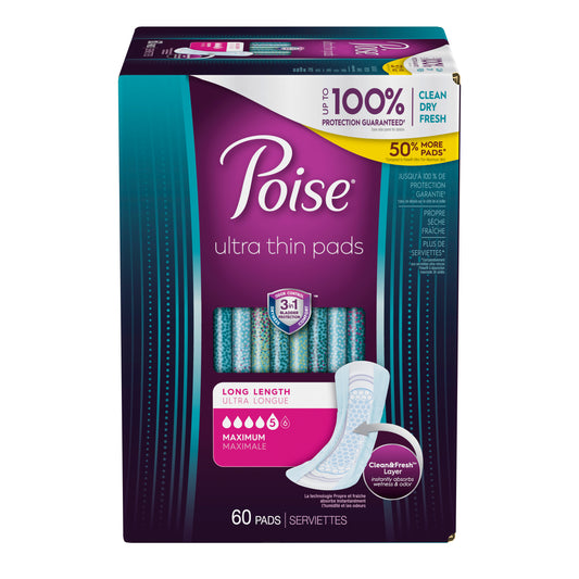 Kimberly Clark Poise Ultra Thin Maximum Long Non-Winged Pads Bulk - Package of 60
