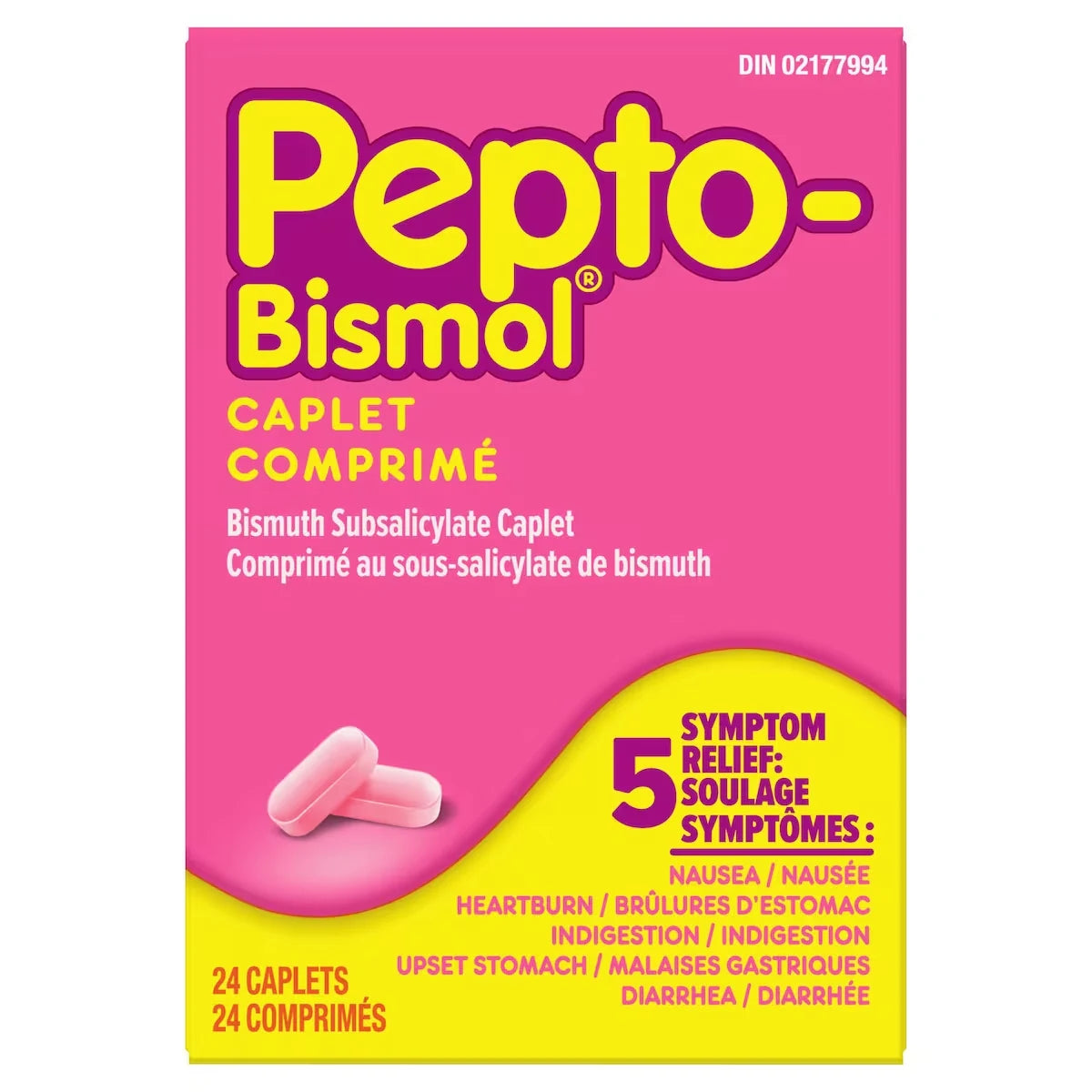 Pepto Bismol Caplets for Nausea, Heartburn, Indigestion, Upset Stomach, and Diarrhea 24 Count product package