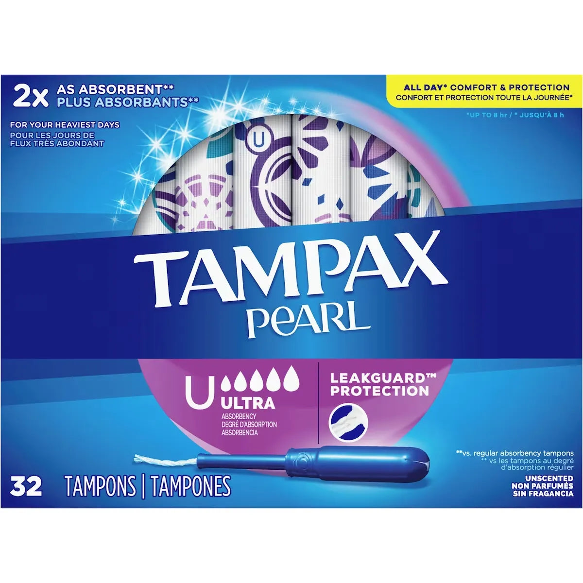 Tampax Pearl Tampons Ultra Absorbency, 32 Count front package