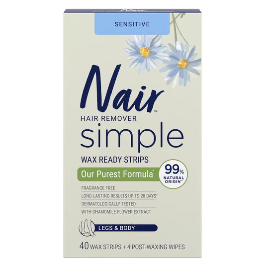 Nair Sensitive Wax Ready Strips for Legs & Body with Chamomile Extract, 40 Strips + 4 Finishing Wipes front package