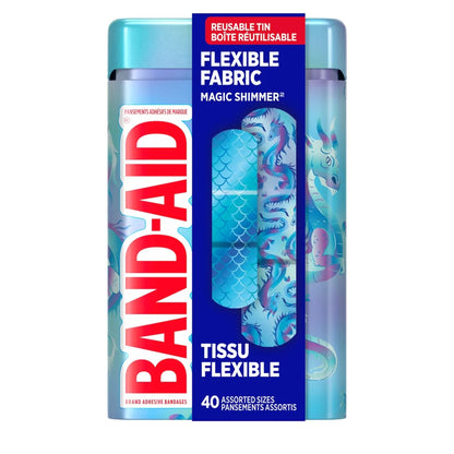 Band-Aid Flexible Fabric Magic Shimmer Bandages, Assorted Tin front package