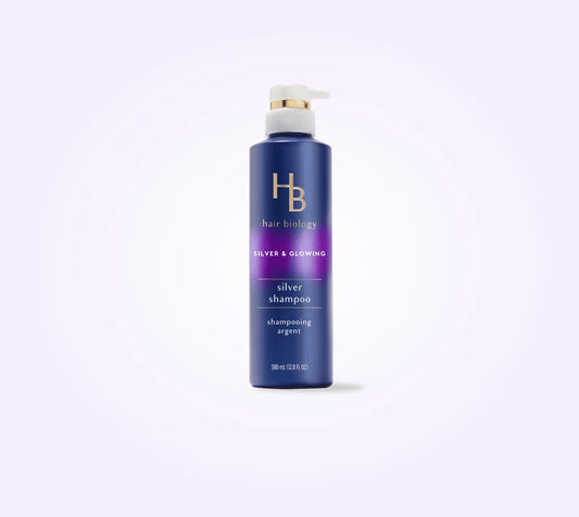 Hair Biology Silver Shampoo with Biotin – Silver & Glowing for grey or color treated hair – 380mL front package