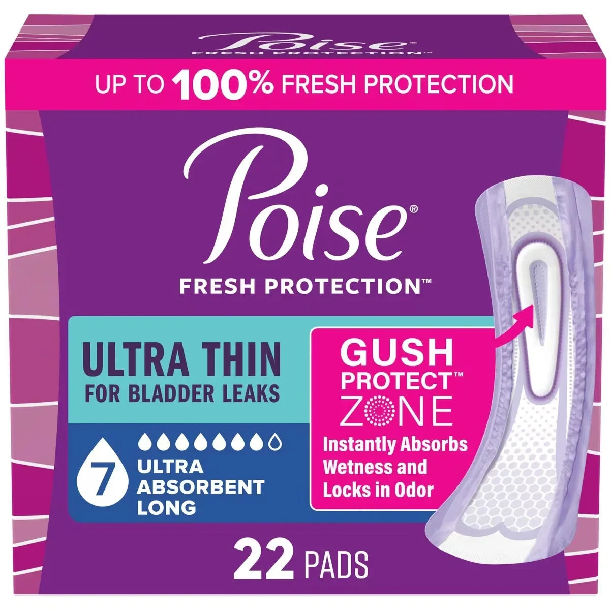 Poise Ultra Thin Incontinence & Postpartum Pads for Bladder Leaks, 7 Drop Ultra Absorbency, Long Length product package
