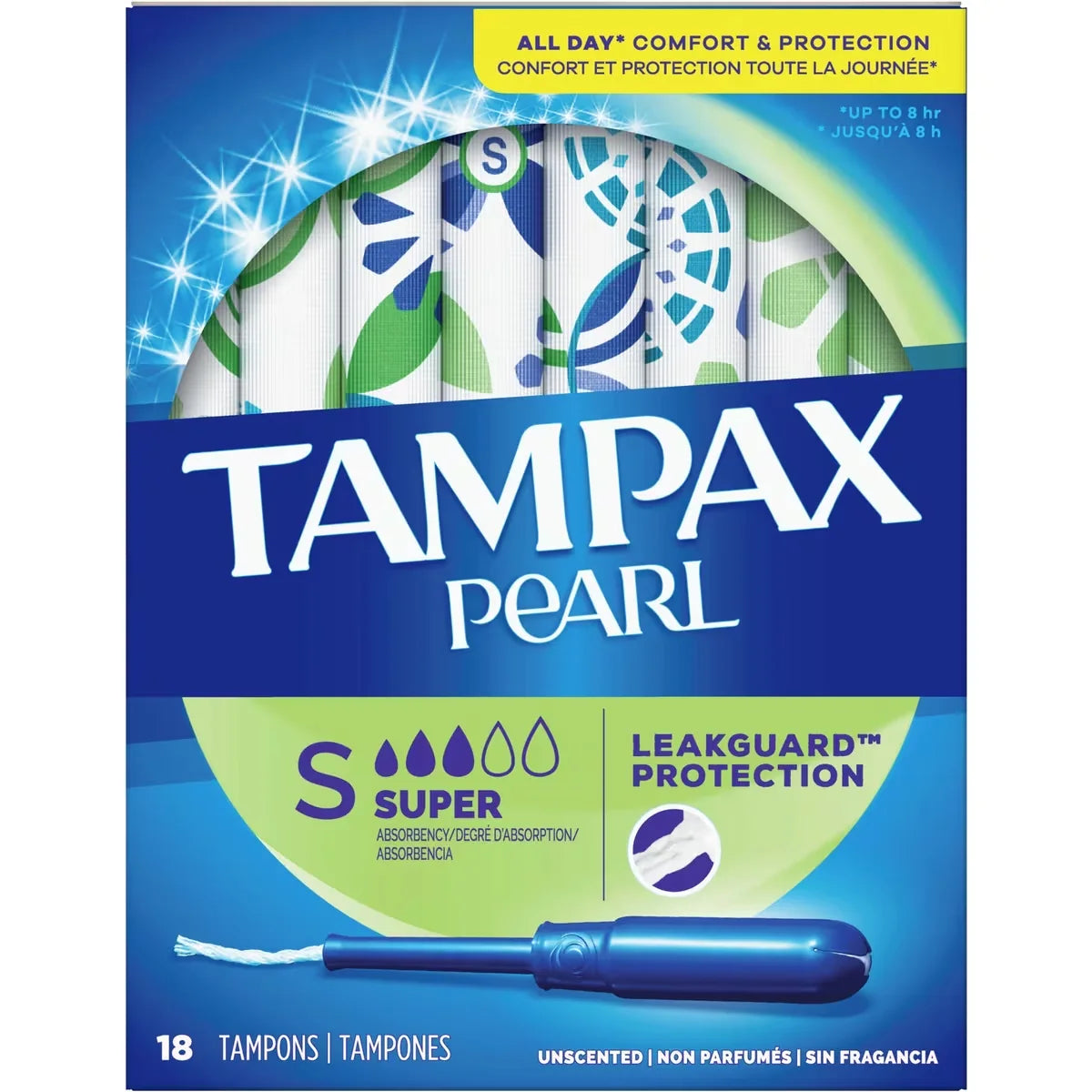 Tampax Pearl Tampons Super Absorbency, 18 Count front package
