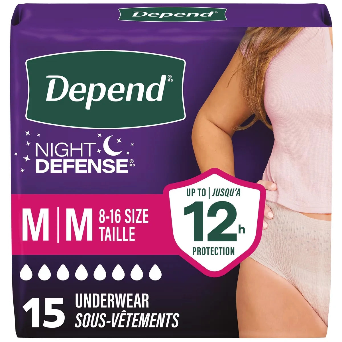 Depend Night Defense Incontinence Underwear for Women, Overnight, Medium front package