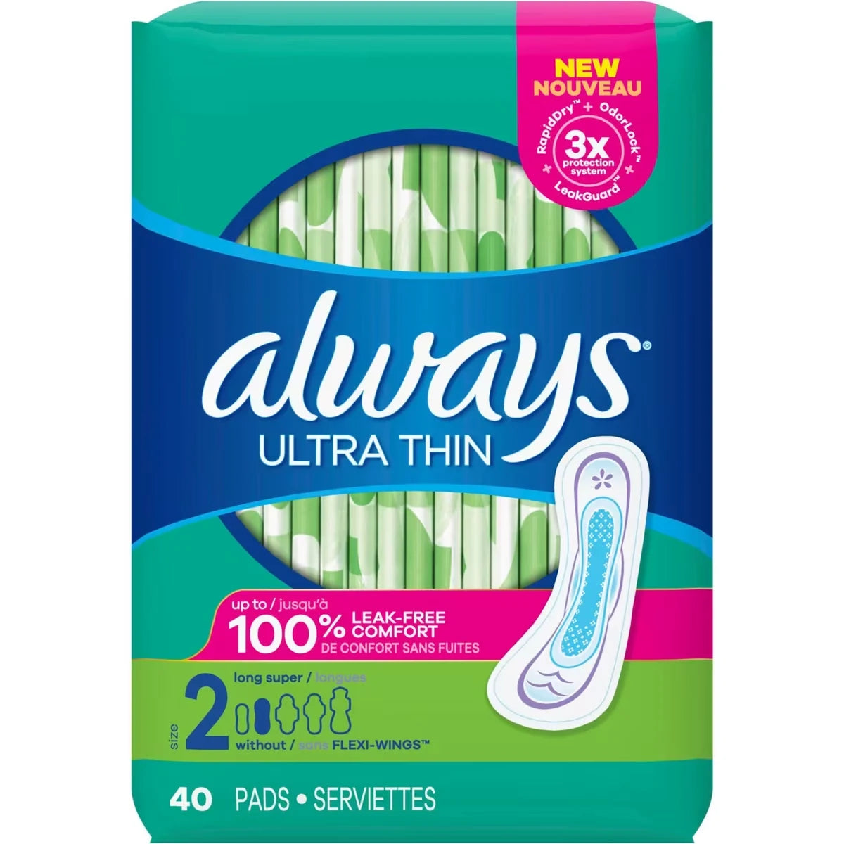 Always Ultra Thin Pads Size 2 Long Absorbency Unscented without Wings, 40 Count product detail