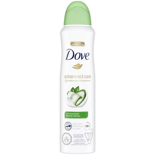 Dove Advanced Care Cool Essentials Dry Spray Antiperspirant Deodorant for Women with Pro-Ceramide Technology for Soft front package