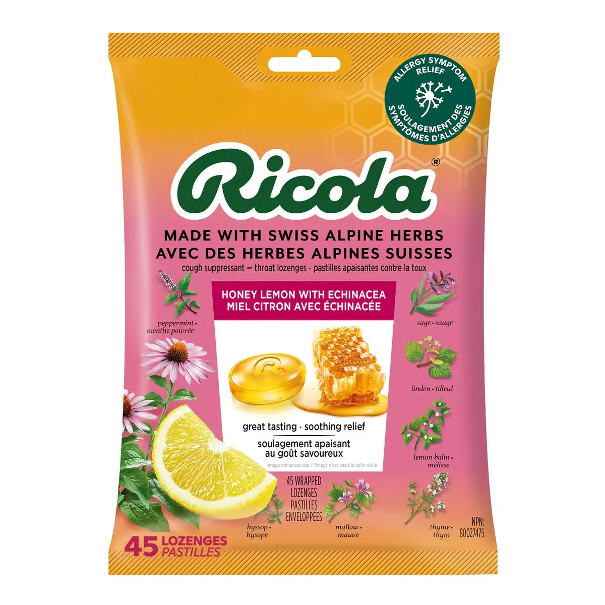 Ricola Honey Lemon with Echinacea Family Bag Cough Suppressant Throat Lozenges product image