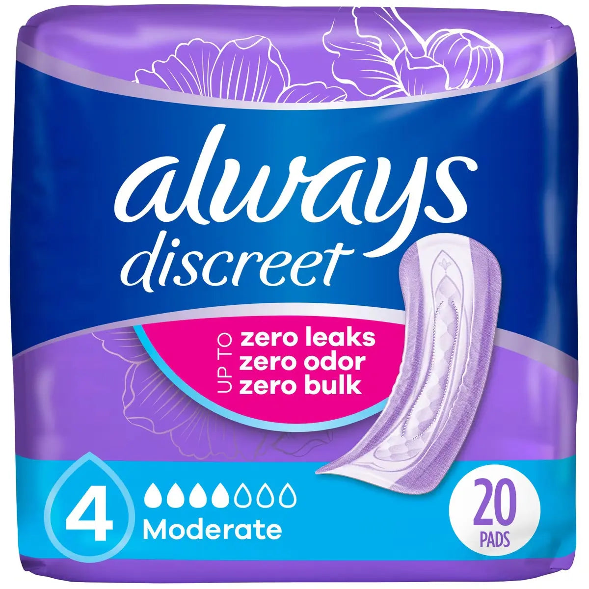 Always Adult Incontinence Pads for Women, Moderate Absorbency, Regular Length, Postpartum Pads, 20 CT 20 count front package