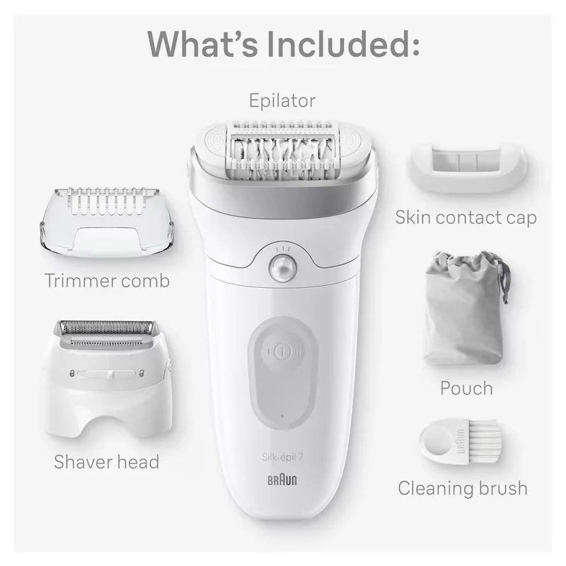 Braun Silk-épil 7 Epilator, Wet and Dry, Wide Head, Includes Shaver Head and Trimmer Comb, SE7-041, Silver product detail