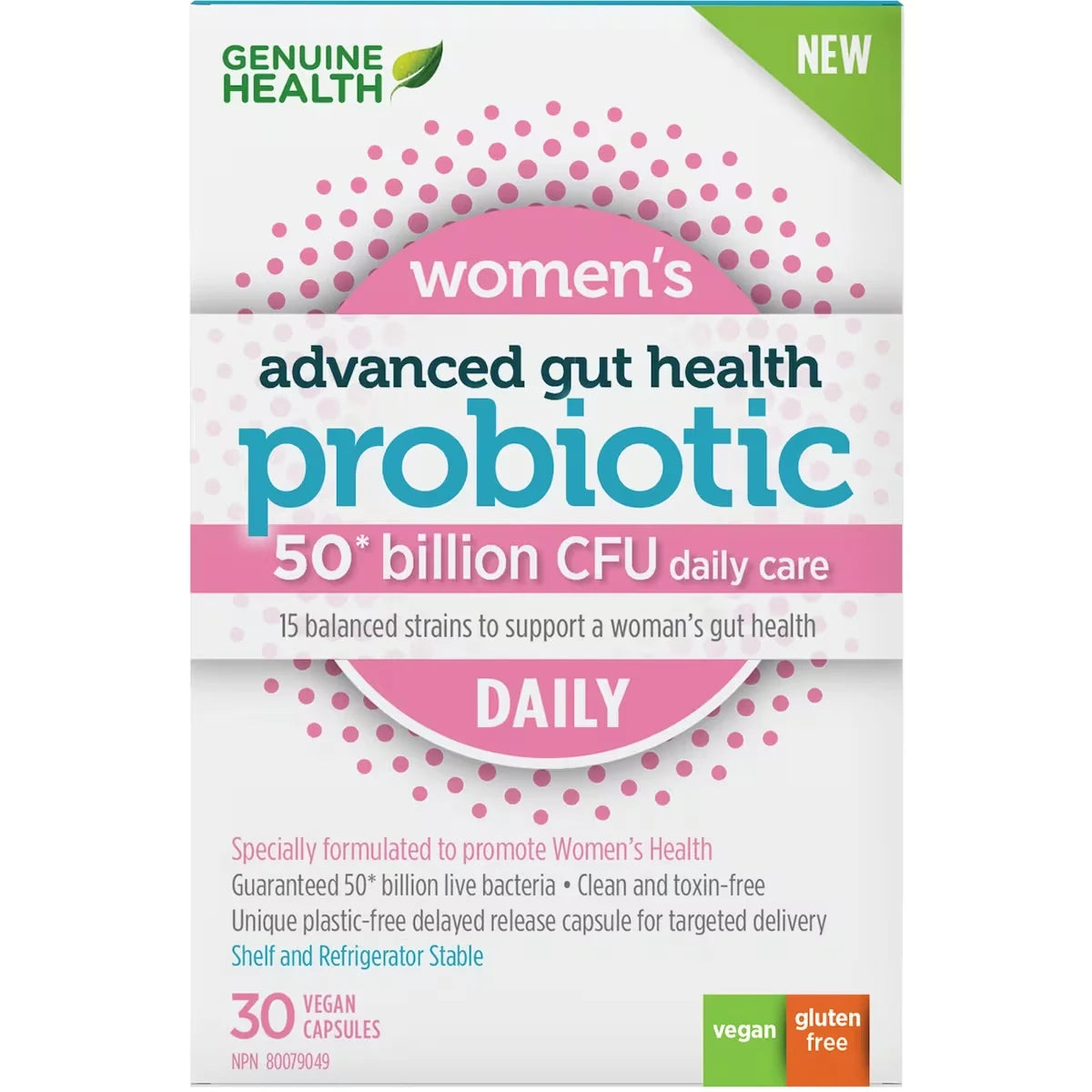 Genuine Health Advanced Gut Health Daily Probiotics for Women, 50 Billion CFU, 15 Diverse Strains front package