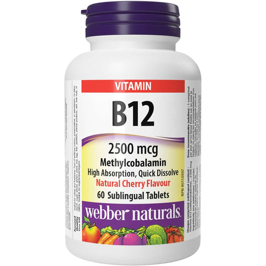 Webber Naturals Vitamine B12 2500 mcg Comprimés sublinguaux à saveur de cerise, paquet de 60