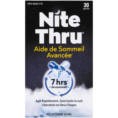 Nite Thru Advanced Sleep Aid Melatonin 10 mg Capsules front package
