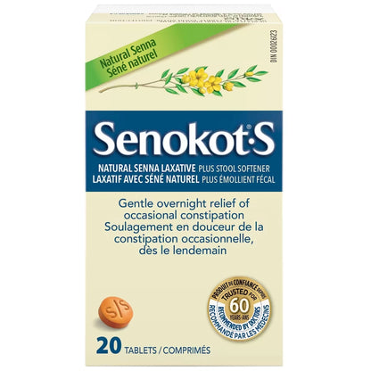 Senokot S Natural Laxative Plus Stool Softener 20ct 20 count front package