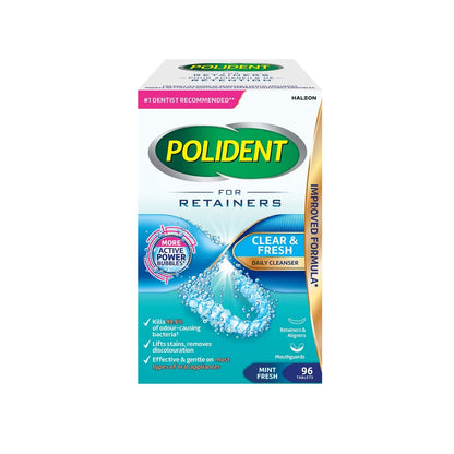 Polident For Retainers, Clear & Fresh, 96 Tablets front package