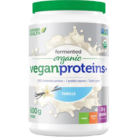 Genuine Health Fermented Organic Vegan Proteins+, Natural Vanilla Protein Powder, 20g Protein front package