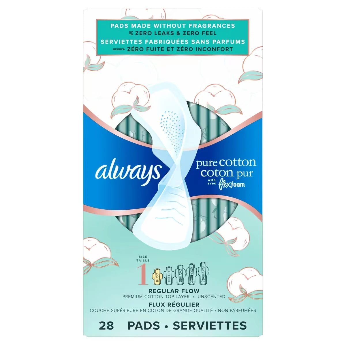 Always Pure Cotton with FlexFoam Pads Regular Absorbency Size 1, 28 Count product detail