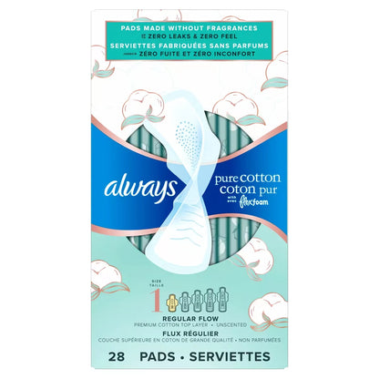 Always Pure Cotton with FlexFoam Pads Regular Absorbency Size 1, 28 Count product detail