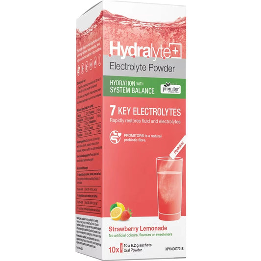 Hydralyte Plus Digestive Health Effervescent Electrolyte Granule Sticks, Strawberry Lemonade front package