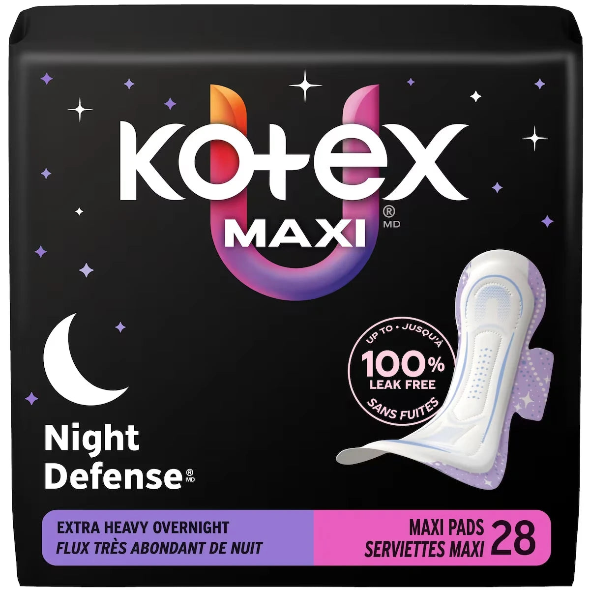 Kotex Overnight Maxi Pads with Wings, Extra Heavy Absorbency front package