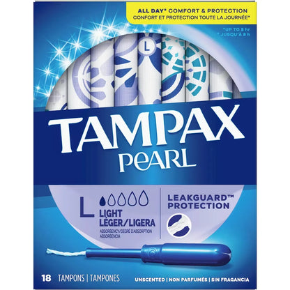 Tampax Pearl Tampons Light Absorbency, 18 Count front package