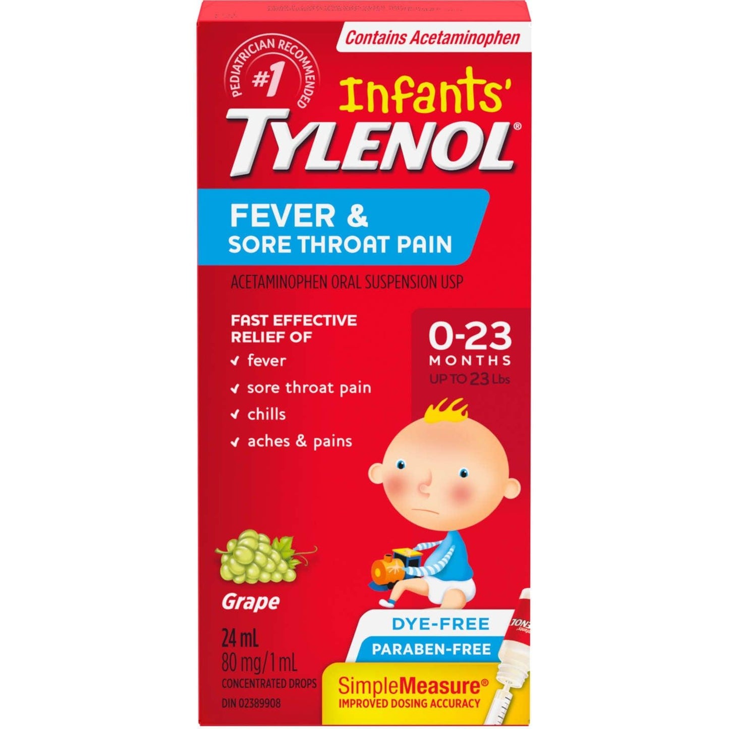 Infant Tylenol Fever & Sore Throat Pain Suspension Grape Flavour 24ml