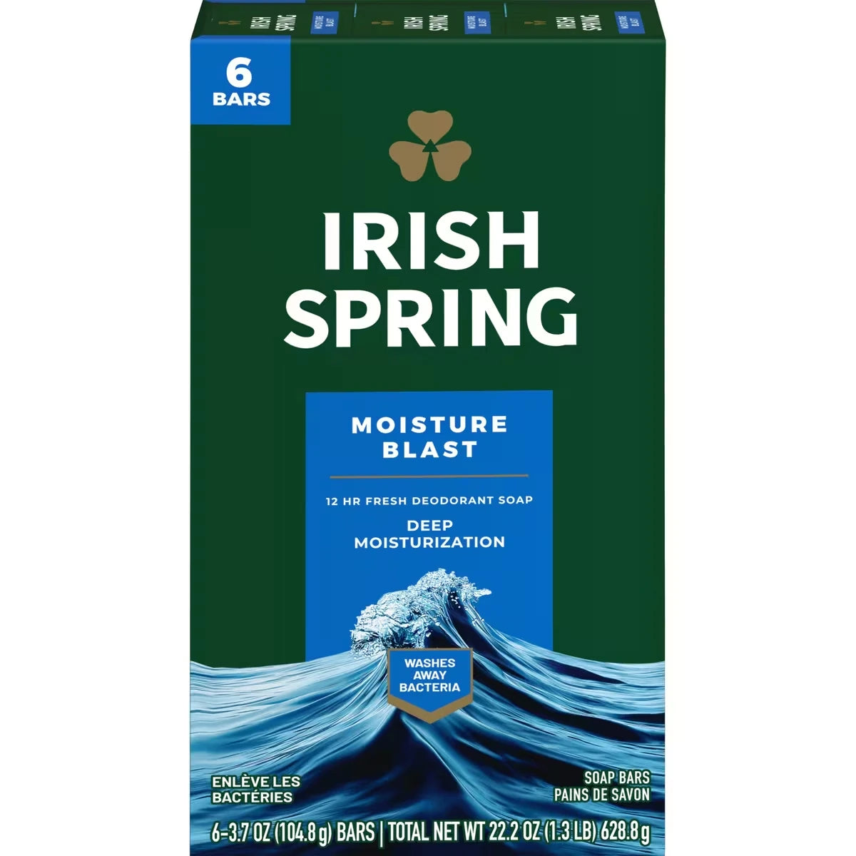 Irish Spring Moisture Blast Deodorant Bar Soap for Men, 104.7 g, 6 Pack product image