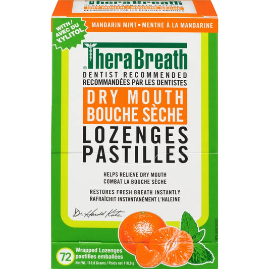 TheraBreath Dry Mouth Lozenges Mandarin Mint 72 Wrapped Lozenges front package