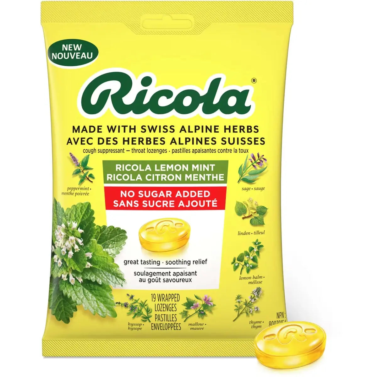 Ricola Lemon Mint No Sugar Added Throat Drops front package