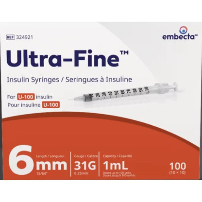 embecta Ultra-FineTM Insulin Syringes U-100 6mm 31G 1mL front package