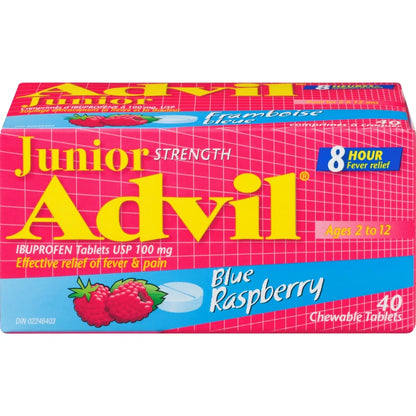 Advil Junior Strength Pain Reliever and Fever Reducer Ibuprofen Chewable Tablets, Blue Raspberry, 40 Count front package