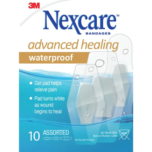 Nexcare Advanced Healing Waterproof Hydrocolloid Bandages, Ast. Sizes, 10 pk 10 pack front package
