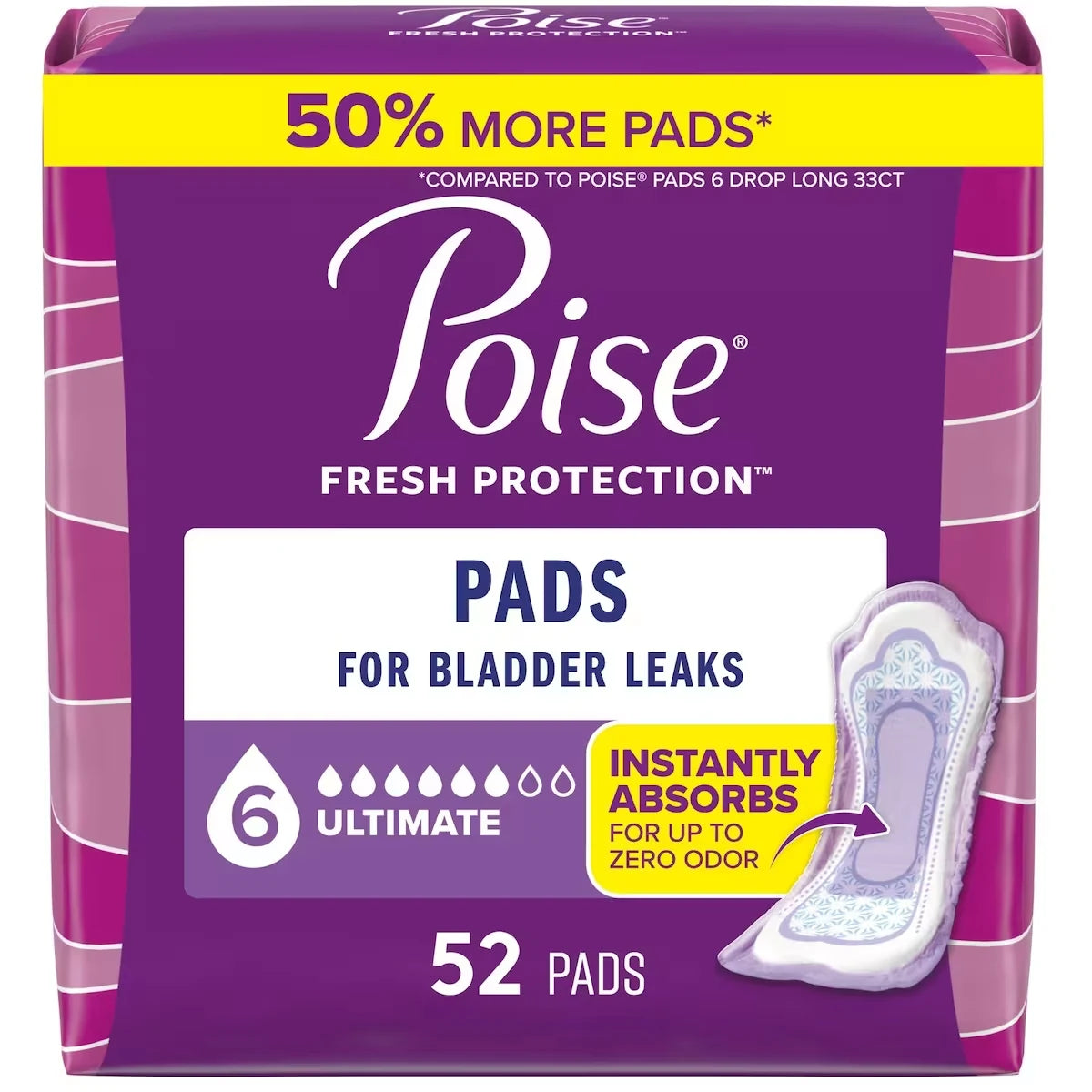 Poise Incontinence Pads & Postpartum Incontinence Pads, 6 Drop Ultimate Absorbency, Regular Length front package