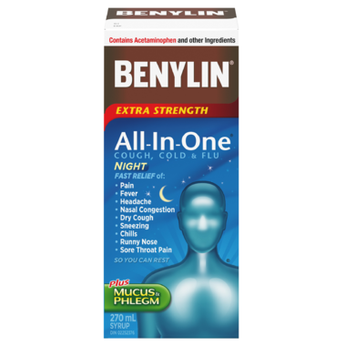 Benylin Extra Fort Tout-En-Un Toux, Rhume et Grippe plus Mucus et Flegmes Nuit 270 ml