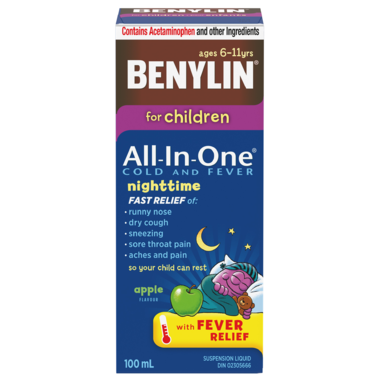 Benylin pour enfants tout-en-un rhume et fièvre nocturne saveur pomme 100 ml