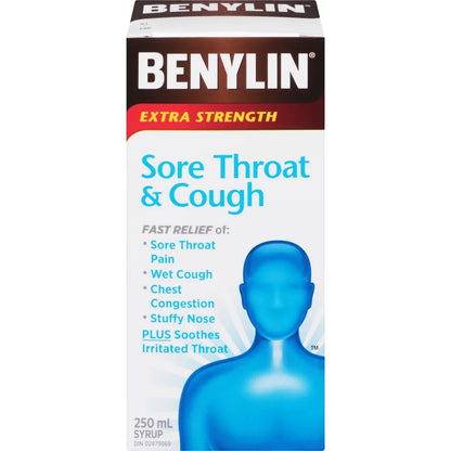 Benylin Extra Strength Sore Throat & Cough Relief Syrup front package
