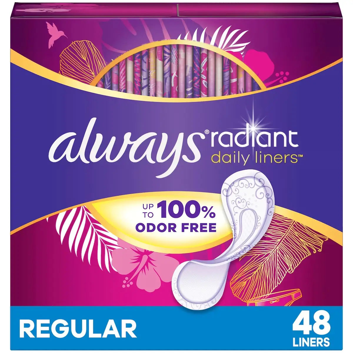Always Radiant Daily Liners Regular Absorbency Unscented, 48 Count front package