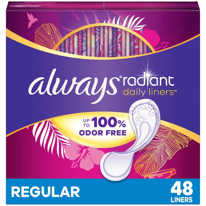 Always Radiant Daily Liners Regular Absorbency Unscented, 48 Count front package